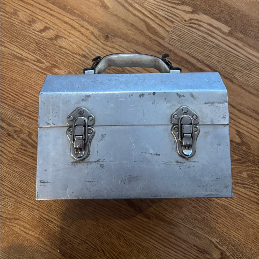 Vintage Metal lunch box with Carry Handle - Silver